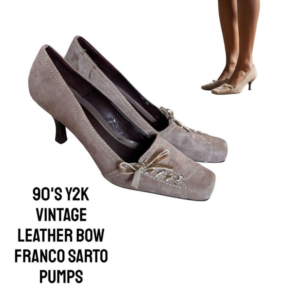VINTAGE 90'S Y2K LEATHER TAN VELVET BOW FRANCO SARTO PUMPS  SZ. 9‎ NARROW.